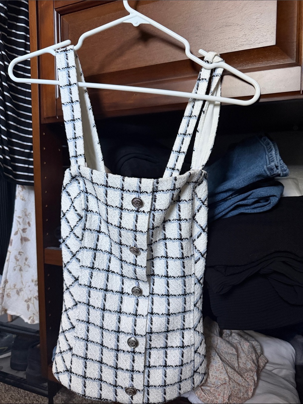 White House Black Market White and Black Tweed Button-Front Tank